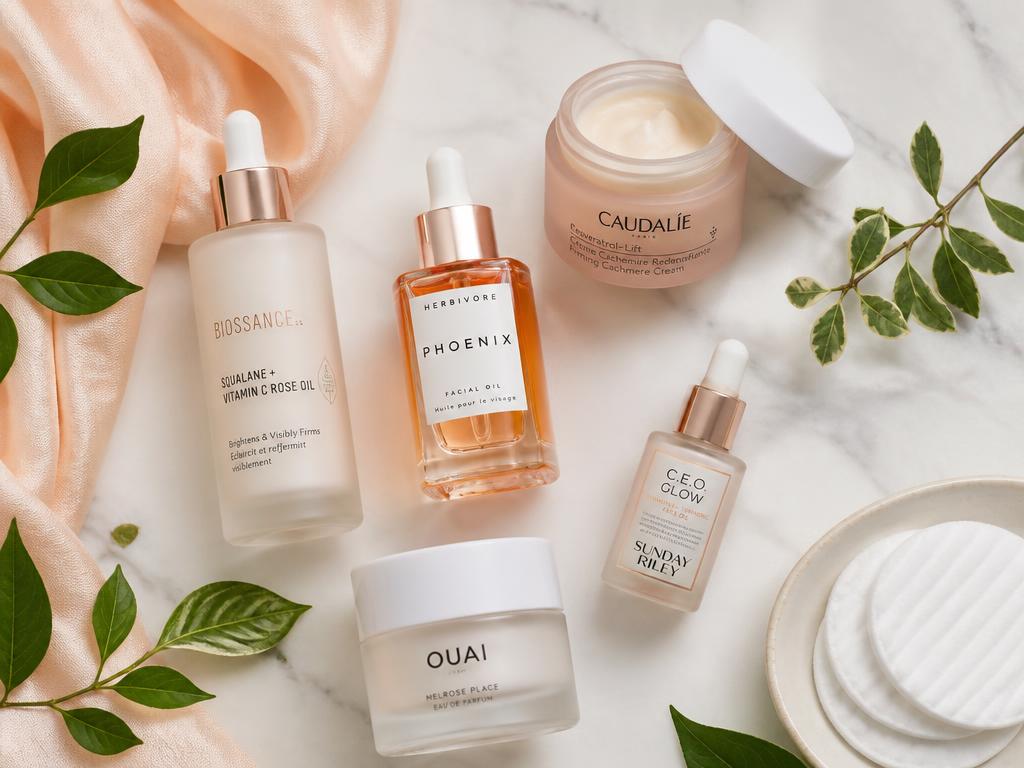 Produtos de skincare organizados em uma rotina prática